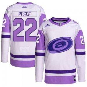 Men's Adidas Carolina Hurricanes Brett Pesce White/Purple Hockey Fights Cancer Primegreen Jersey - Authentic