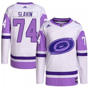Men's Adidas Carolina Hurricanes Jaccob Slavin White/Purple Hockey Fights Cancer Primegreen Jersey - Authentic